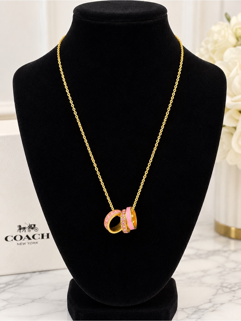 Coach Pink Enamel & Crystal Interlocking Ring Necklace Gold Tone w/ Dust Bag